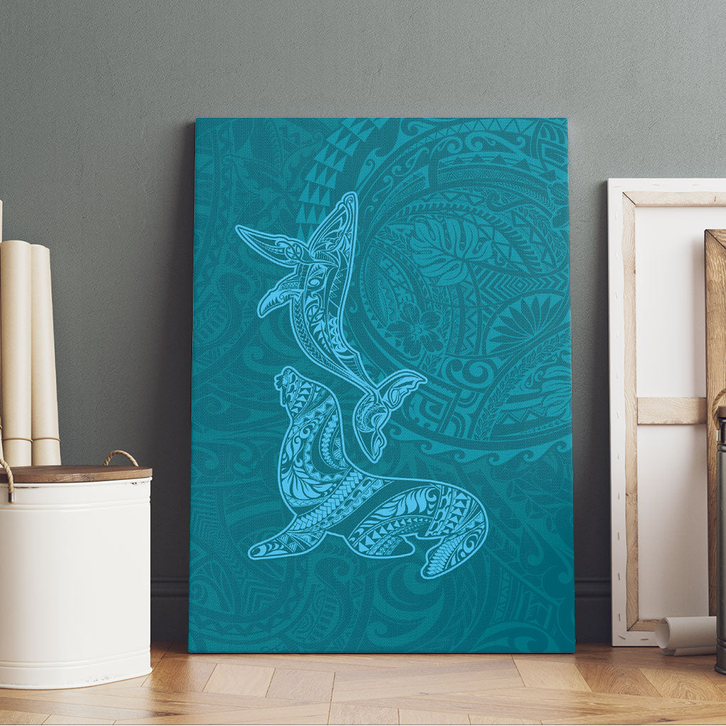 Hawaiian Monk Seal and Whale Canvas Wall Art Kakau Tribal Pattern Teal Color LT03 - Polynesian Pride