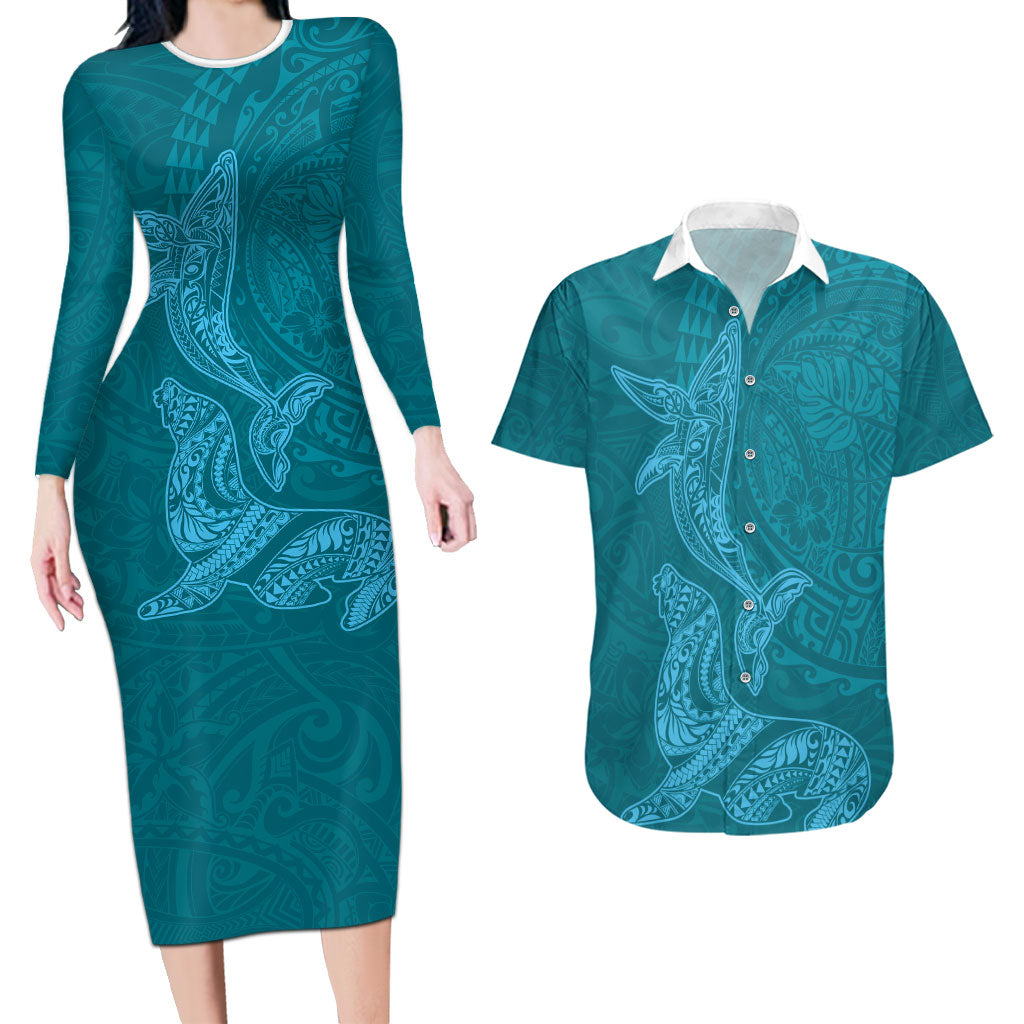 Hawaiian Monk Seal and Whale Couples Matching Long Sleeve Bodycon Dress and Hawaiian Shirt Kakau Tribal Pattern Teal Color LT03 Teal - Polynesian Pride