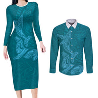 Hawaiian Monk Seal and Whale Couples Matching Long Sleeve Bodycon Dress and Long Sleeve Button Shirt Kakau Tribal Pattern Teal Color LT03 Teal - Polynesian Pride