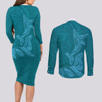 Hawaiian Monk Seal and Whale Couples Matching Long Sleeve Bodycon Dress and Long Sleeve Button Shirt Kakau Tribal Pattern Teal Color LT03 - Polynesian Pride