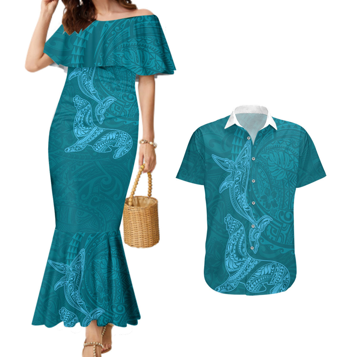 Hawaiian Monk Seal and Whale Couples Matching Mermaid Dress and Hawaiian Shirt Kakau Tribal Pattern Teal Color