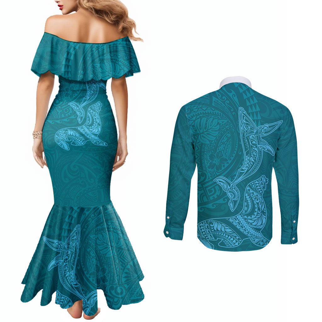 Hawaiian Monk Seal and Whale Couples Matching Mermaid Dress and Long Sleeve Button Shirt Kakau Tribal Pattern Teal Color LT03 - Polynesian Pride