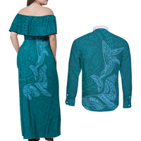 Hawaiian Monk Seal and Whale Couples Matching Off Shoulder Maxi Dress and Long Sleeve Button Shirt Kakau Tribal Pattern Teal Color LT03 - Polynesian Pride
