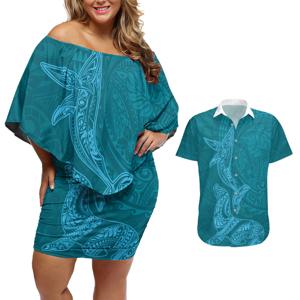 Hawaiian Monk Seal and Whale Couples Matching Off Shoulder Short Dress and Hawaiian Shirt Kakau Tribal Pattern Teal Color LT03 Teal - Polynesian Pride