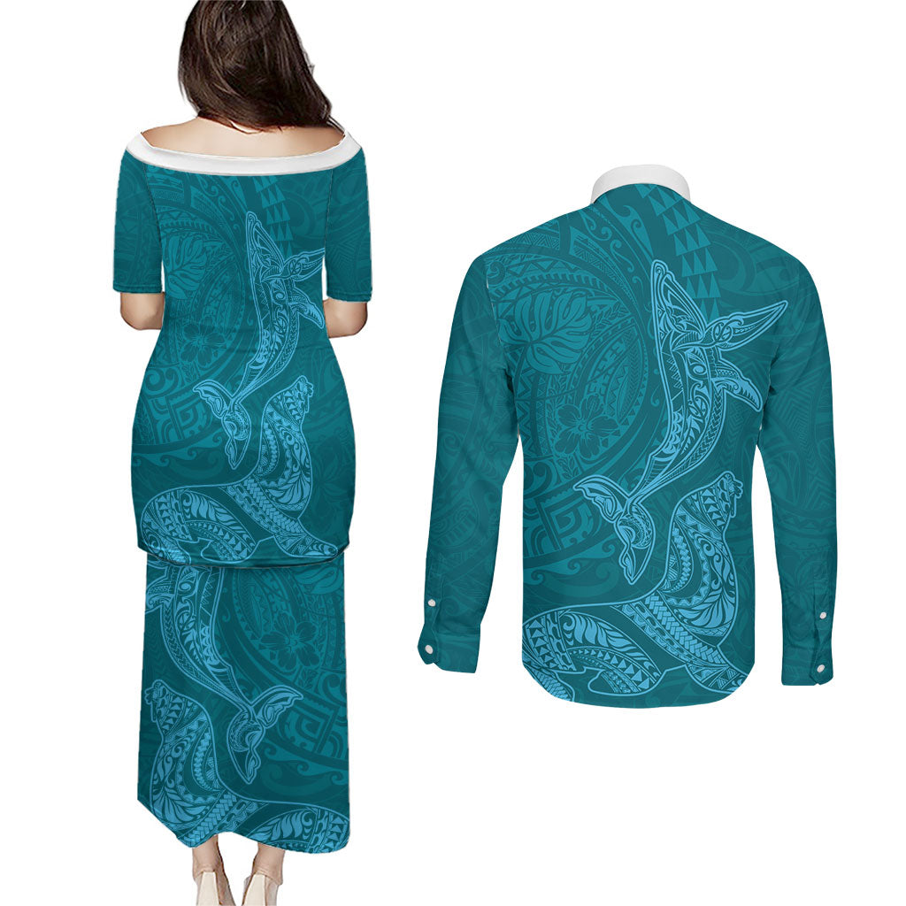 Hawaiian Monk Seal and Whale Couples Matching Puletasi and Long Sleeve Button Shirt Kakau Tribal Pattern Teal Color LT03 - Polynesian Pride