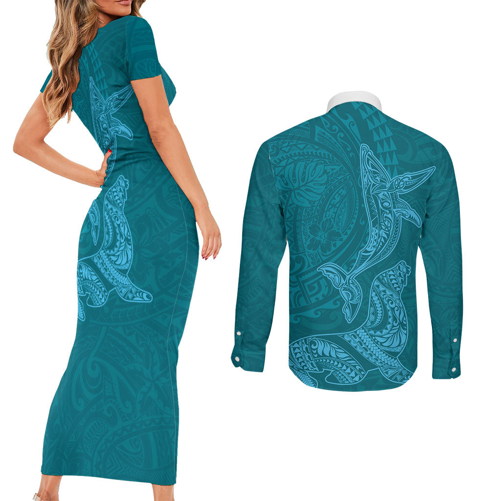 Hawaiian Monk Seal and Whale Couples Matching Short Sleeve Bodycon Dress and Long Sleeve Button Shirt Kakau Tribal Pattern Teal Color LT03 - Polynesian Pride