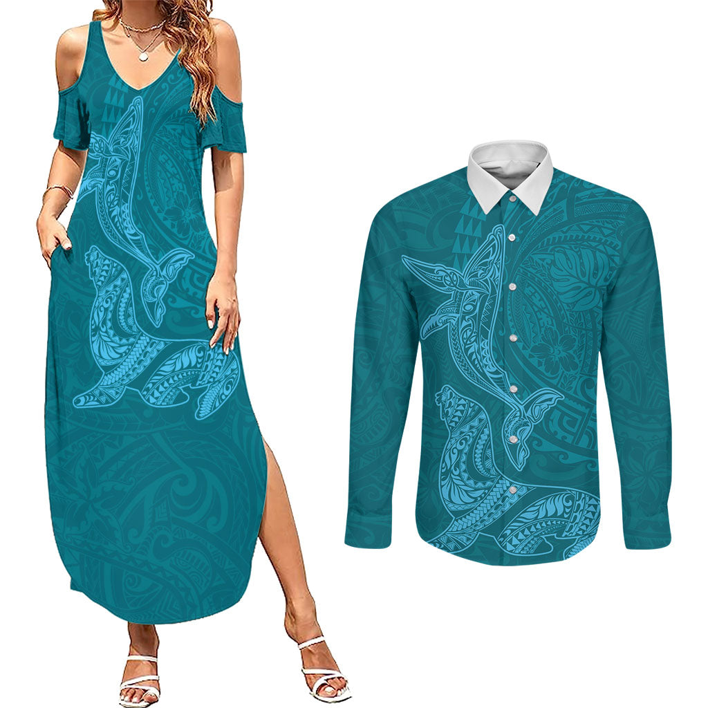 Hawaiian Monk Seal and Whale Couples Matching Summer Maxi Dress and Long Sleeve Button Shirt Kakau Tribal Pattern Teal Color LT03 Teal - Polynesian Pride