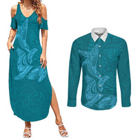 Hawaiian Monk Seal and Whale Couples Matching Summer Maxi Dress and Long Sleeve Button Shirt Kakau Tribal Pattern Teal Color LT03 Teal - Polynesian Pride