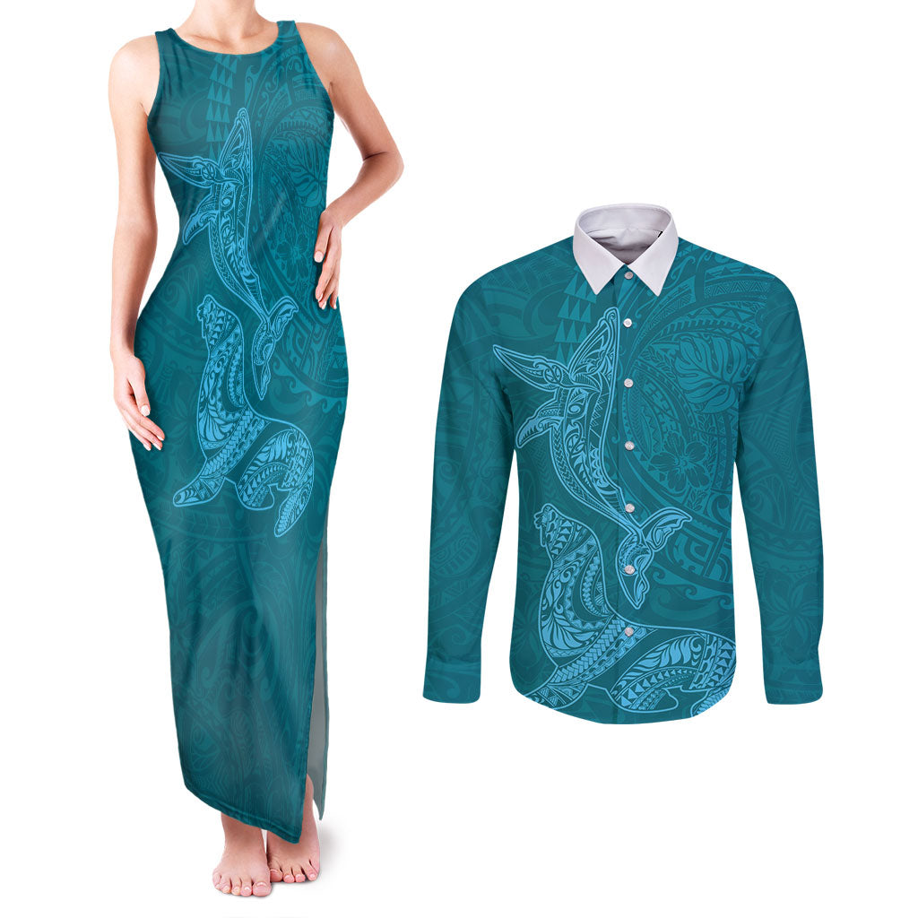 Hawaiian Monk Seal and Whale Couples Matching Tank Maxi Dress and Long Sleeve Button Shirt Kakau Tribal Pattern Teal Color