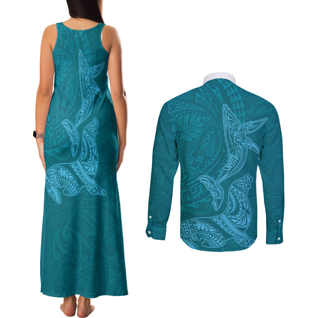Hawaiian Monk Seal and Whale Couples Matching Tank Maxi Dress and Long Sleeve Button Shirt Kakau Tribal Pattern Teal Color LT03 - Polynesian Pride