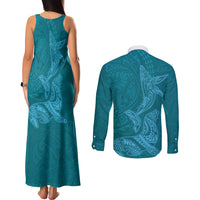 Hawaiian Monk Seal and Whale Couples Matching Tank Maxi Dress and Long Sleeve Button Shirt Kakau Tribal Pattern Teal Color LT03 - Polynesian Pride
