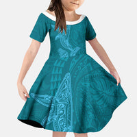 Hawaiian Monk Seal and Whale Family Matching Long Sleeve Bodycon Dress and Hawaiian Shirt Kakau Tribal Pattern Teal Color LT03 Daughter's Dress Teal - Polynesian Pride