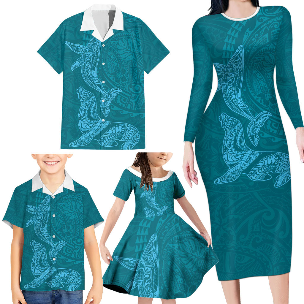 Hawaiian Monk Seal and Whale Family Matching Long Sleeve Bodycon Dress and Hawaiian Shirt Kakau Tribal Pattern Teal Color