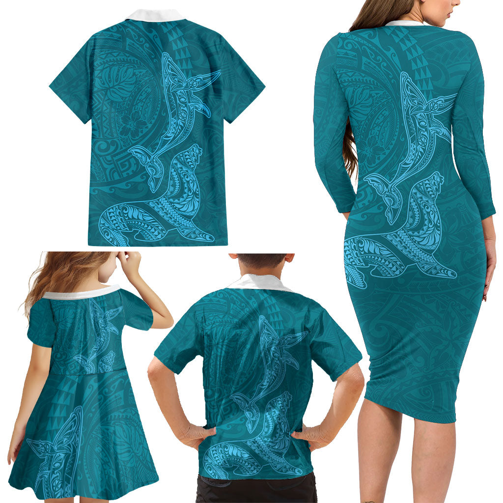 Hawaiian Monk Seal and Whale Family Matching Long Sleeve Bodycon Dress and Hawaiian Shirt Kakau Tribal Pattern Teal Color LT03 - Polynesian Pride