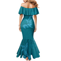 Hawaiian Monk Seal and Whale Family Matching Mermaid Dress and Hawaiian Shirt Kakau Tribal Pattern Teal Color LT03 - Polynesian Pride