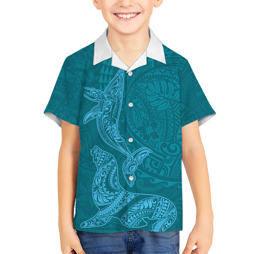 Hawaiian Monk Seal and Whale Family Matching Mermaid Dress and Hawaiian Shirt Kakau Tribal Pattern Teal Color LT03 Son's Shirt Teal - Polynesian Pride