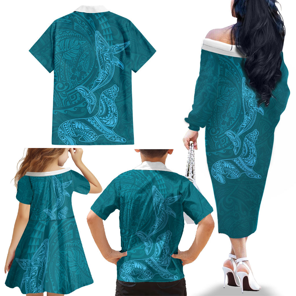 Hawaiian Monk Seal and Whale Family Matching Off The Shoulder Long Sleeve Dress and Hawaiian Shirt Kakau Tribal Pattern Teal Color LT03 - Polynesian Pride