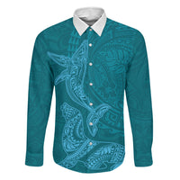 Hawaiian Monk Seal and Whale Family Matching Off The Shoulder Long Sleeve Dress and Hawaiian Shirt Kakau Tribal Pattern Teal Color LT03 Dad's Shirt - Long Sleeve Teal - Polynesian Pride