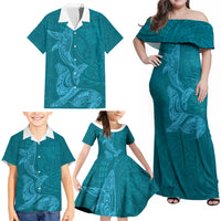 Hawaiian Monk Seal and Whale Family Matching Off Shoulder Maxi Dress and Hawaiian Shirt Kakau Tribal Pattern Teal Color LT03 - Polynesian Pride