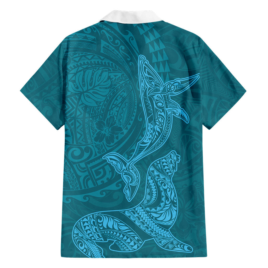 Hawaiian Monk Seal and Whale Family Matching Off Shoulder Maxi Dress and Hawaiian Shirt Kakau Tribal Pattern Teal Color LT03 - Polynesian Pride