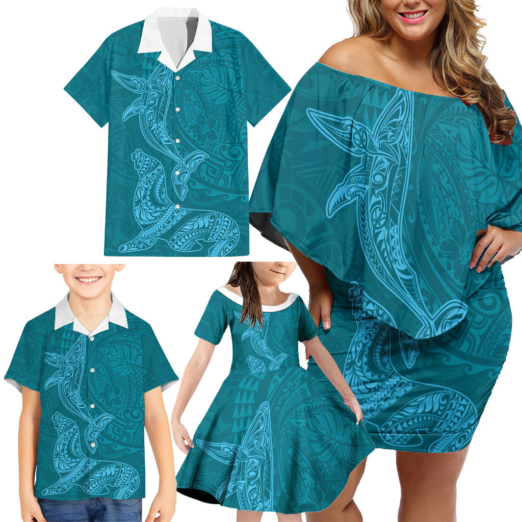 Hawaiian Monk Seal and Whale Family Matching Off Shoulder Short Dress and Hawaiian Shirt Kakau Tribal Pattern Teal Color LT03 - Polynesian Pride