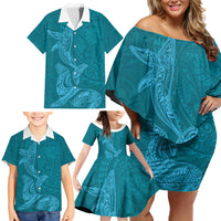 Hawaiian Monk Seal and Whale Family Matching Off Shoulder Short Dress and Hawaiian Shirt Kakau Tribal Pattern Teal Color LT03 - Polynesian Pride