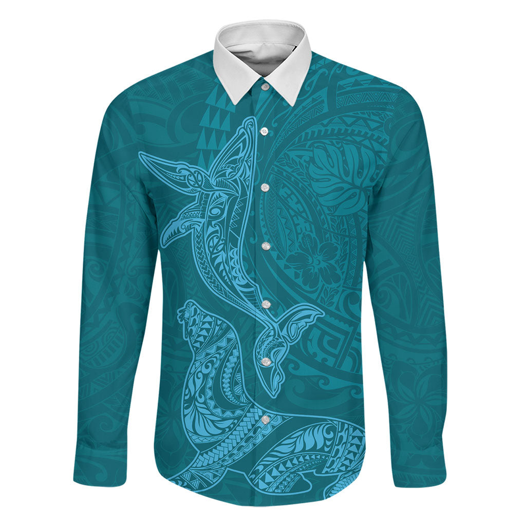 Hawaiian Monk Seal and Whale Family Matching Off Shoulder Short Dress and Hawaiian Shirt Kakau Tribal Pattern Teal Color LT03 Dad's Shirt - Long Sleeve Teal - Polynesian Pride