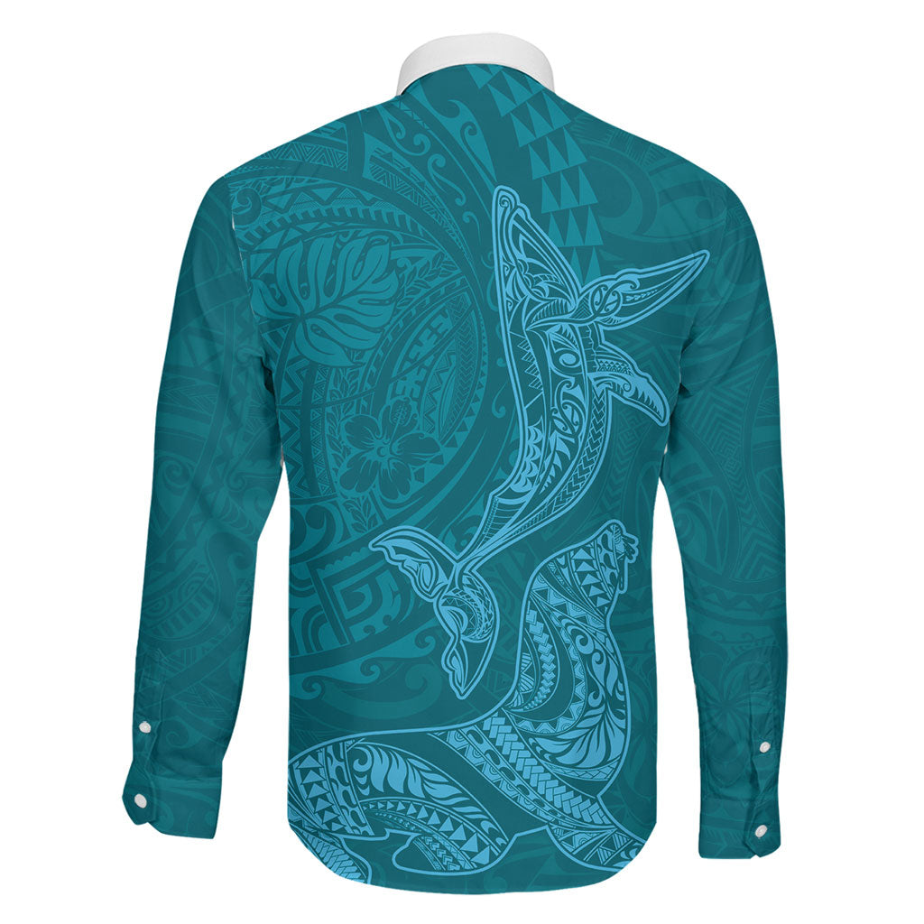 Hawaiian Monk Seal and Whale Family Matching Off Shoulder Short Dress and Hawaiian Shirt Kakau Tribal Pattern Teal Color LT03 - Polynesian Pride
