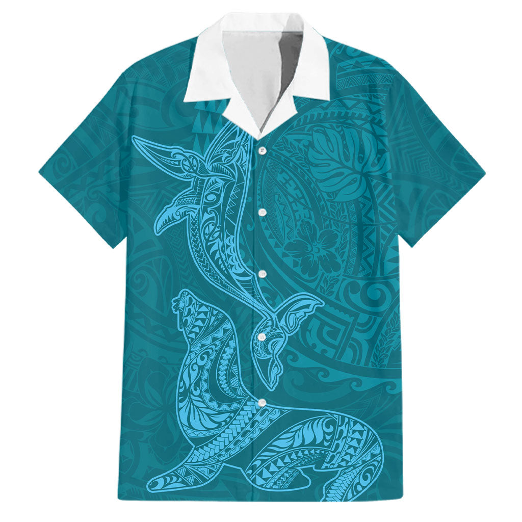 Hawaiian Monk Seal and Whale Family Matching Puletasi and Hawaiian Shirt Kakau Tribal Pattern Teal Color LT03 Dad's Shirt - Short Sleeve Teal - Polynesian Pride