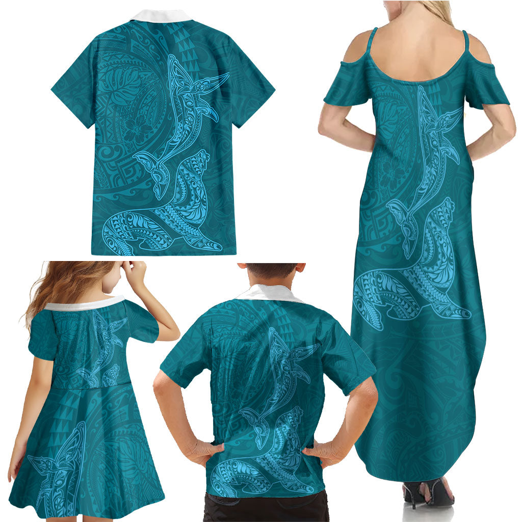 Hawaiian Monk Seal and Whale Family Matching Summer Maxi Dress and Hawaiian Shirt Kakau Tribal Pattern Teal Color LT03 - Polynesian Pride
