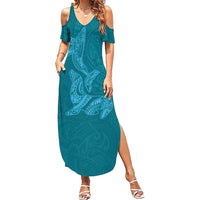 Hawaiian Monk Seal and Whale Family Matching Summer Maxi Dress and Hawaiian Shirt Kakau Tribal Pattern Teal Color LT03 Mom's Dress Teal - Polynesian Pride