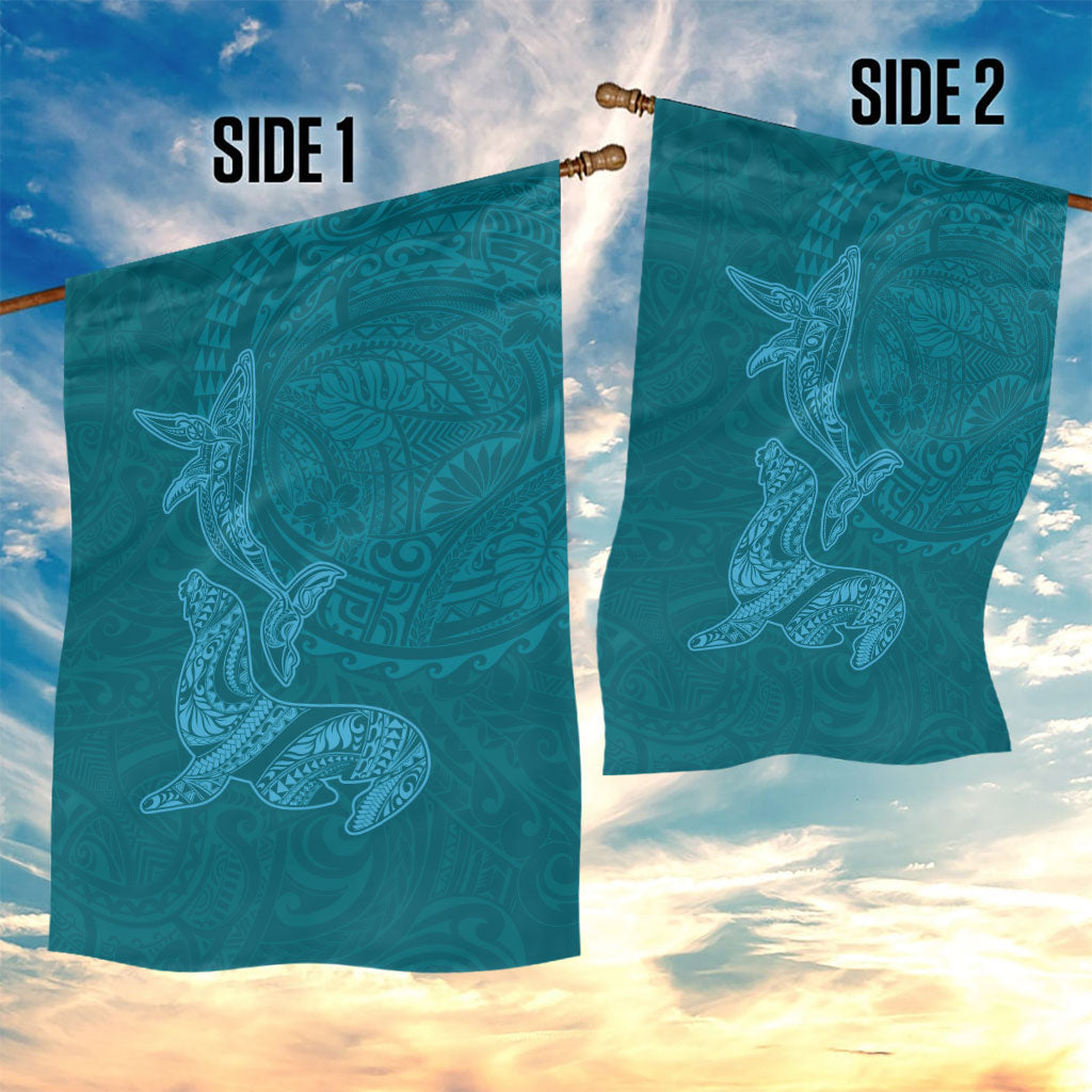Hawaiian Monk Seal and Whale Garden Flag Kakau Tribal Pattern Teal Color