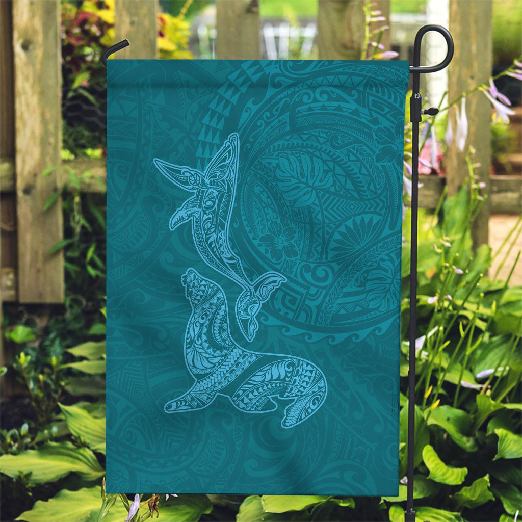 Hawaiian Monk Seal and Whale Garden Flag Kakau Tribal Pattern Teal Color