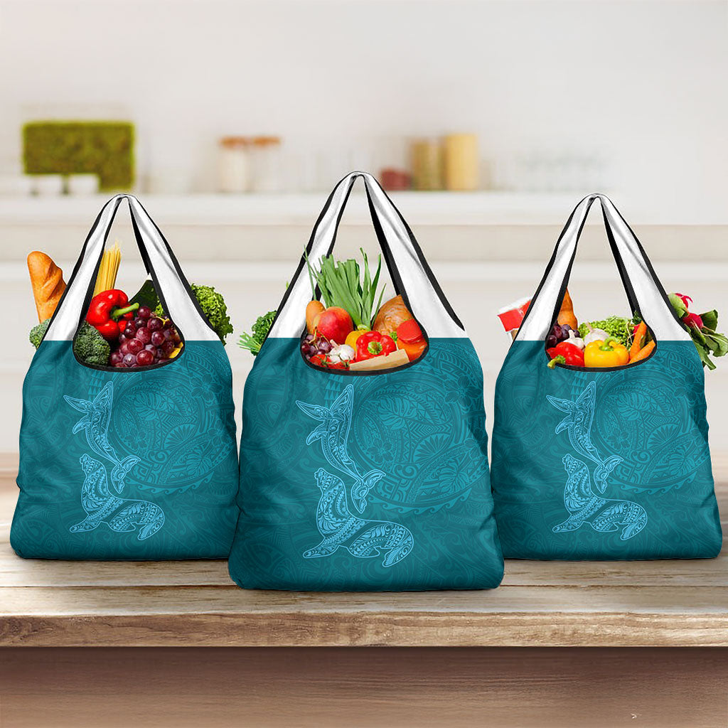 Hawaiian Monk Seal and Whale Grocery Bag Kakau Tribal Pattern Teal Color