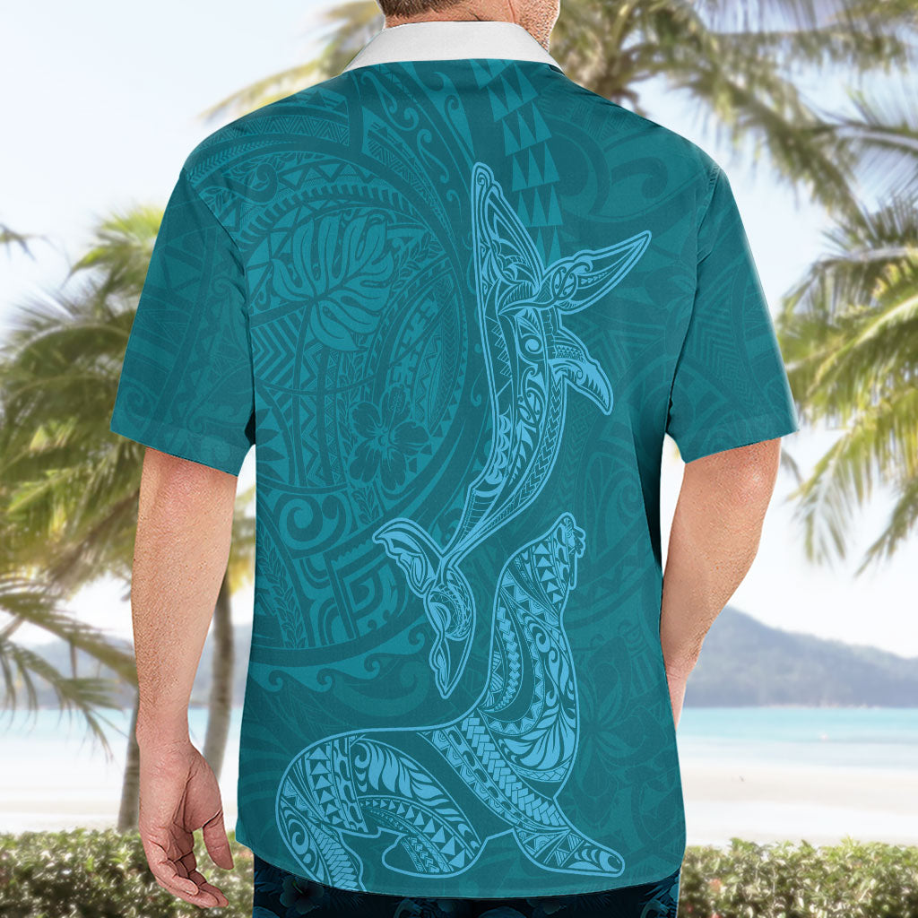 Hawaiian Monk Seal and Whale Hawaiian Shirt Kakau Tribal Pattern Teal Color