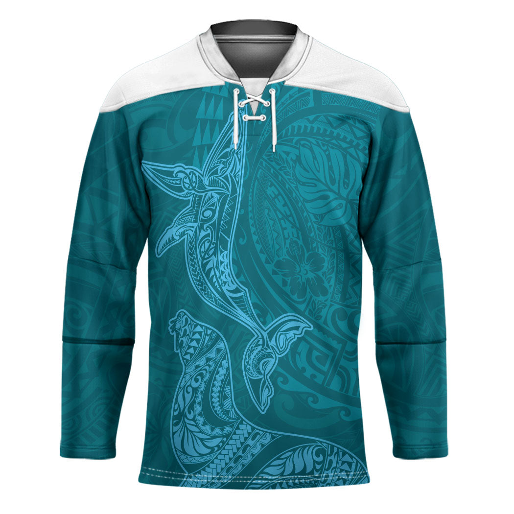 Hawaiian Monk Seal and Whale Hockey Jersey Kakau Tribal Pattern Teal Color