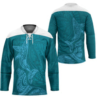 Hawaiian Monk Seal and Whale Hockey Jersey Kakau Tribal Pattern Teal Color