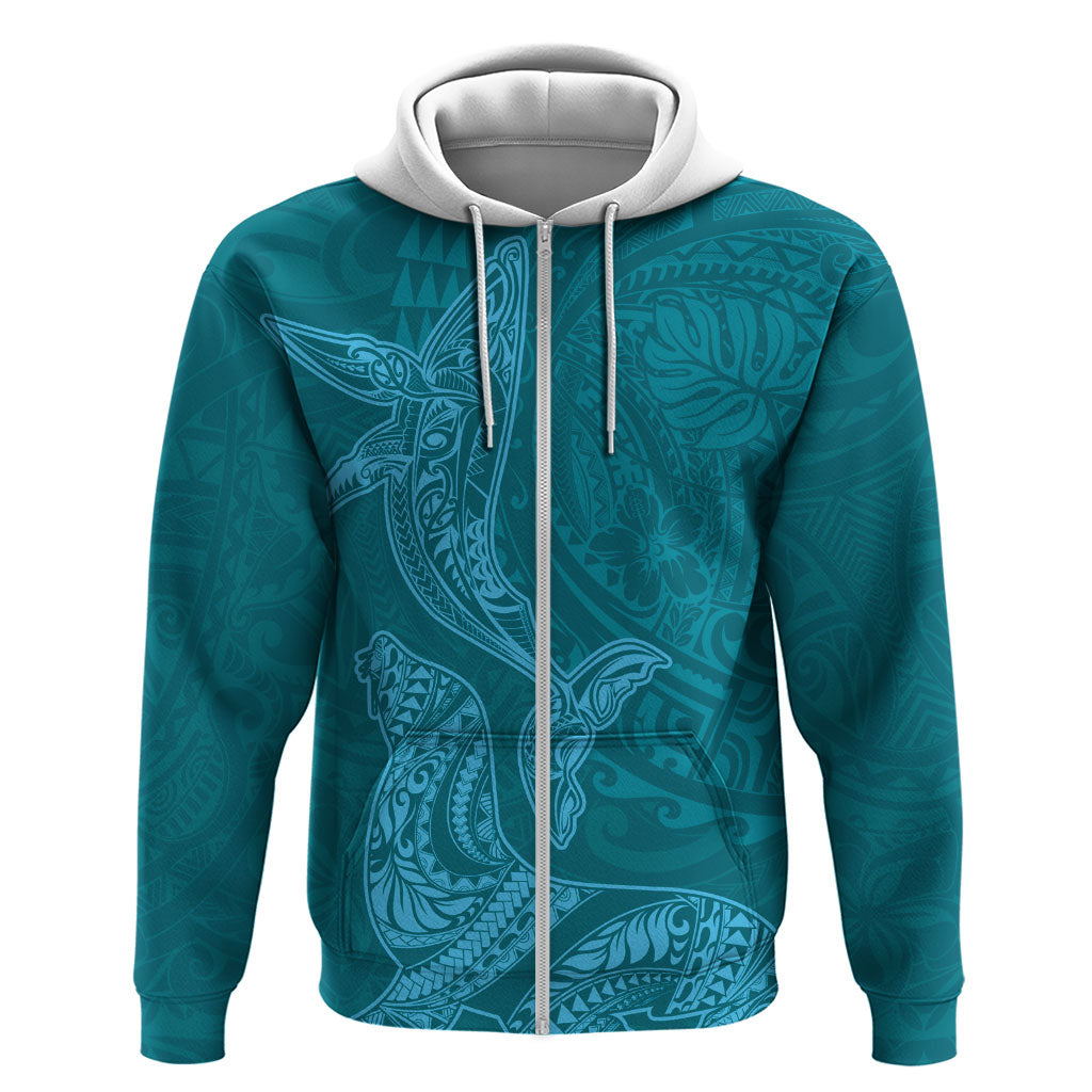 Hawaiian Monk Seal and Whale Hoodie Kakau Tribal Pattern Teal Color