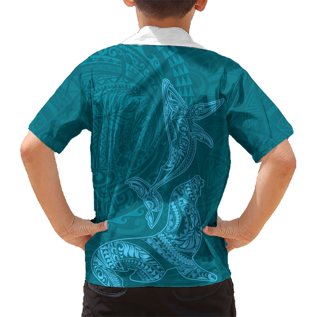 Hawaiian Monk Seal and Whale Kid Hawaiian Shirt Kakau Tribal Pattern Teal Color