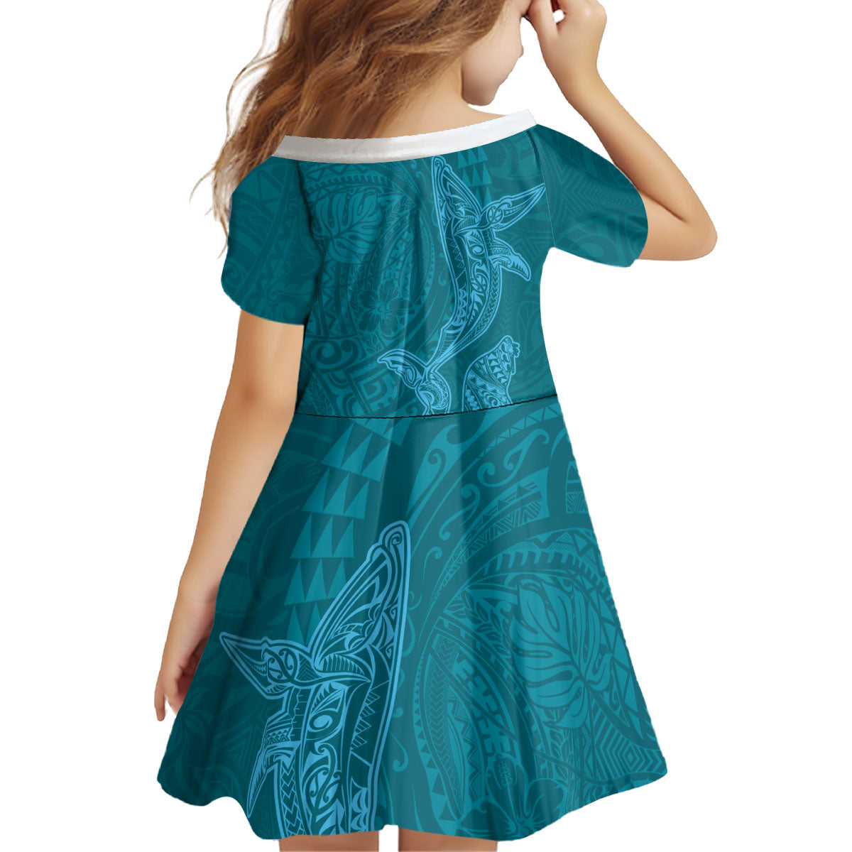 Hawaiian Monk Seal and Whale Kid Short Sleeve Dress Kakau Tribal Pattern Teal Color