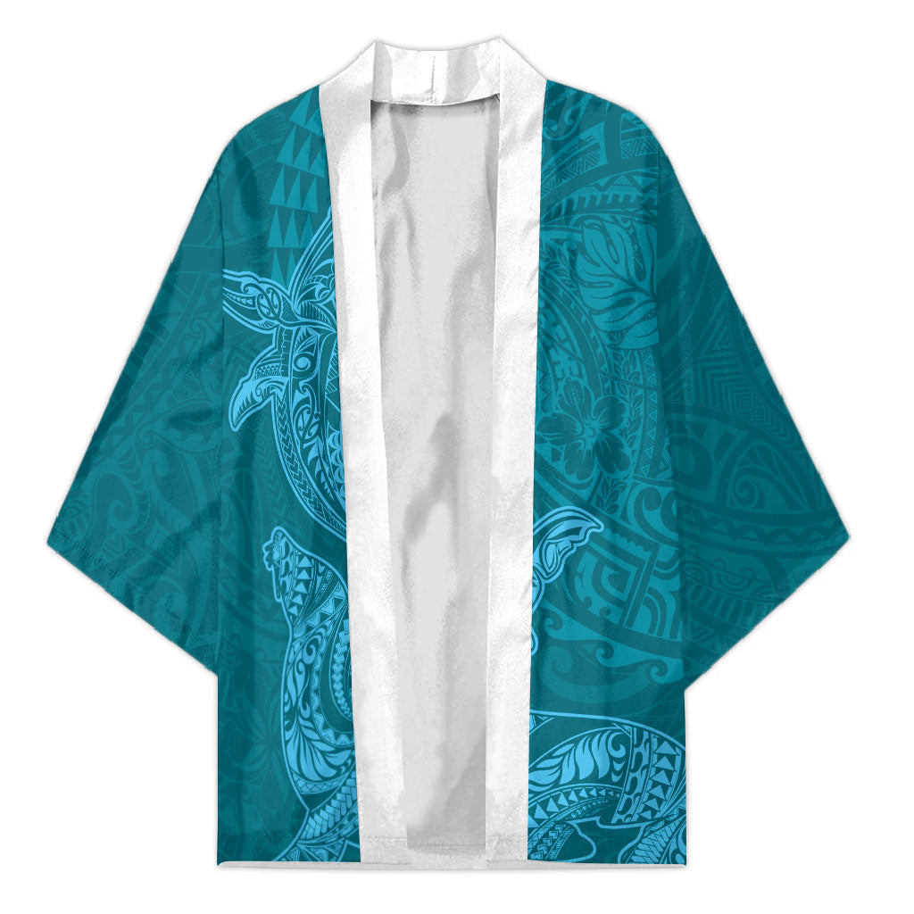 Hawaiian Monk Seal and Whale Kimono Kakau Tribal Pattern Teal Color LT03 Unisex Teal - Polynesian Pride