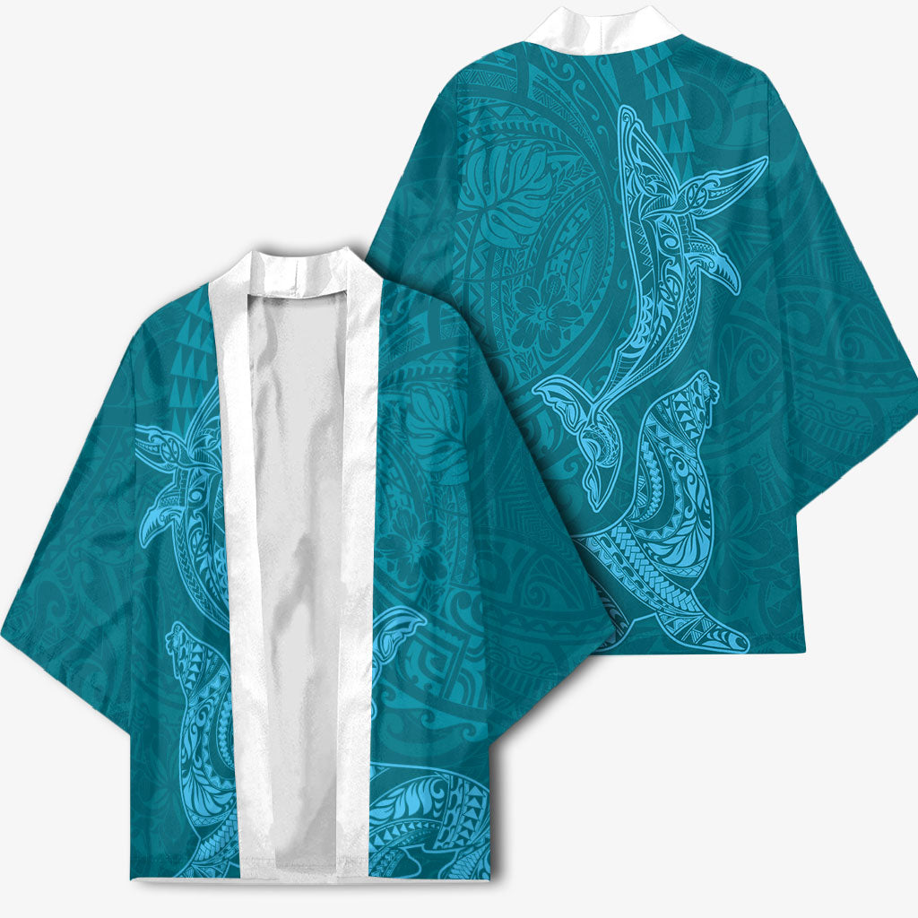 Hawaiian Monk Seal and Whale Kimono Kakau Tribal Pattern Teal Color LT03 - Polynesian Pride