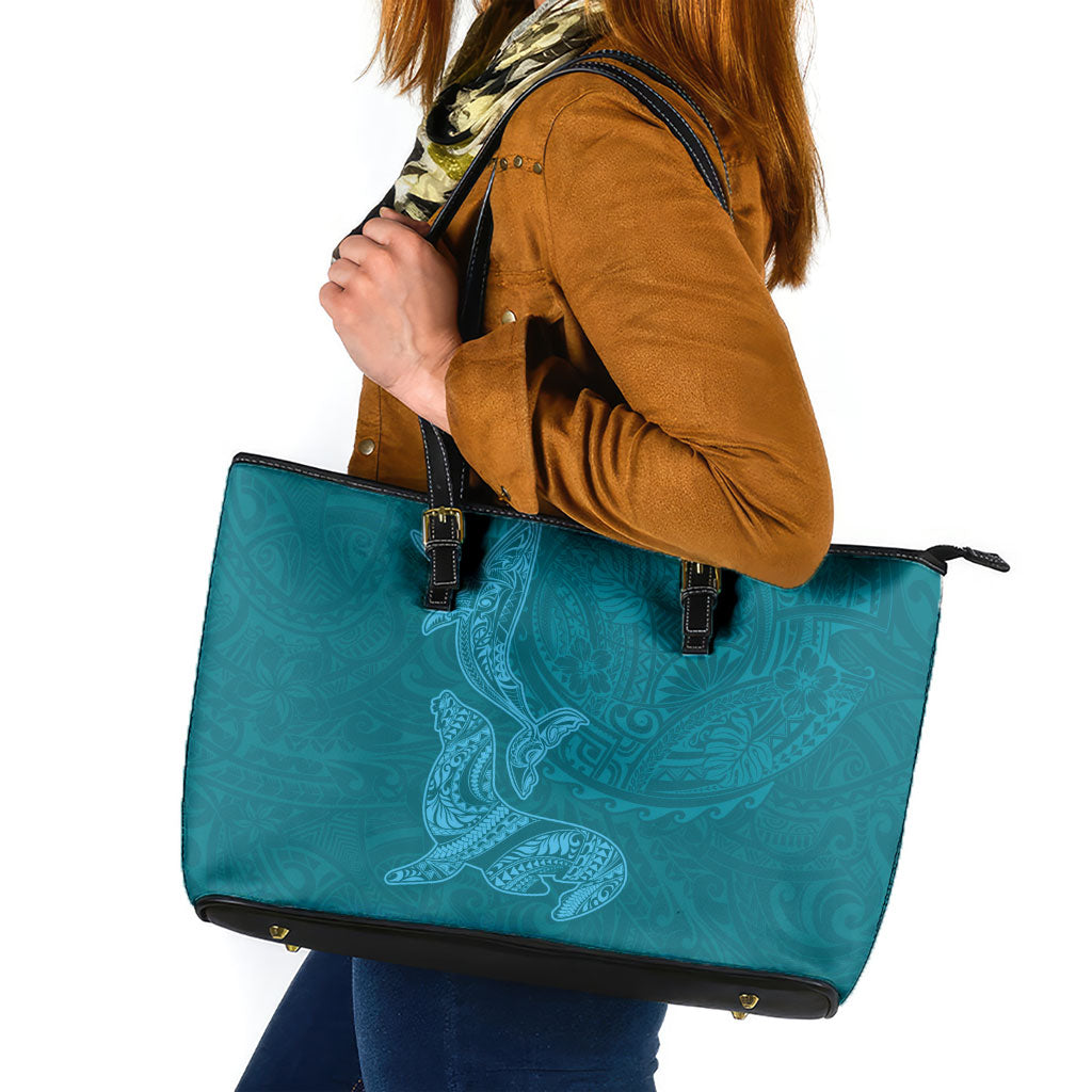 Hawaiian Monk Seal and Whale Leather Tote Bag Kakau Tribal Pattern Teal Color LT03 Teal - Polynesian Pride