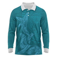 Hawaiian Monk Seal and Whale Long Sleeve Polo Shirt Kakau Tribal Pattern Teal Color