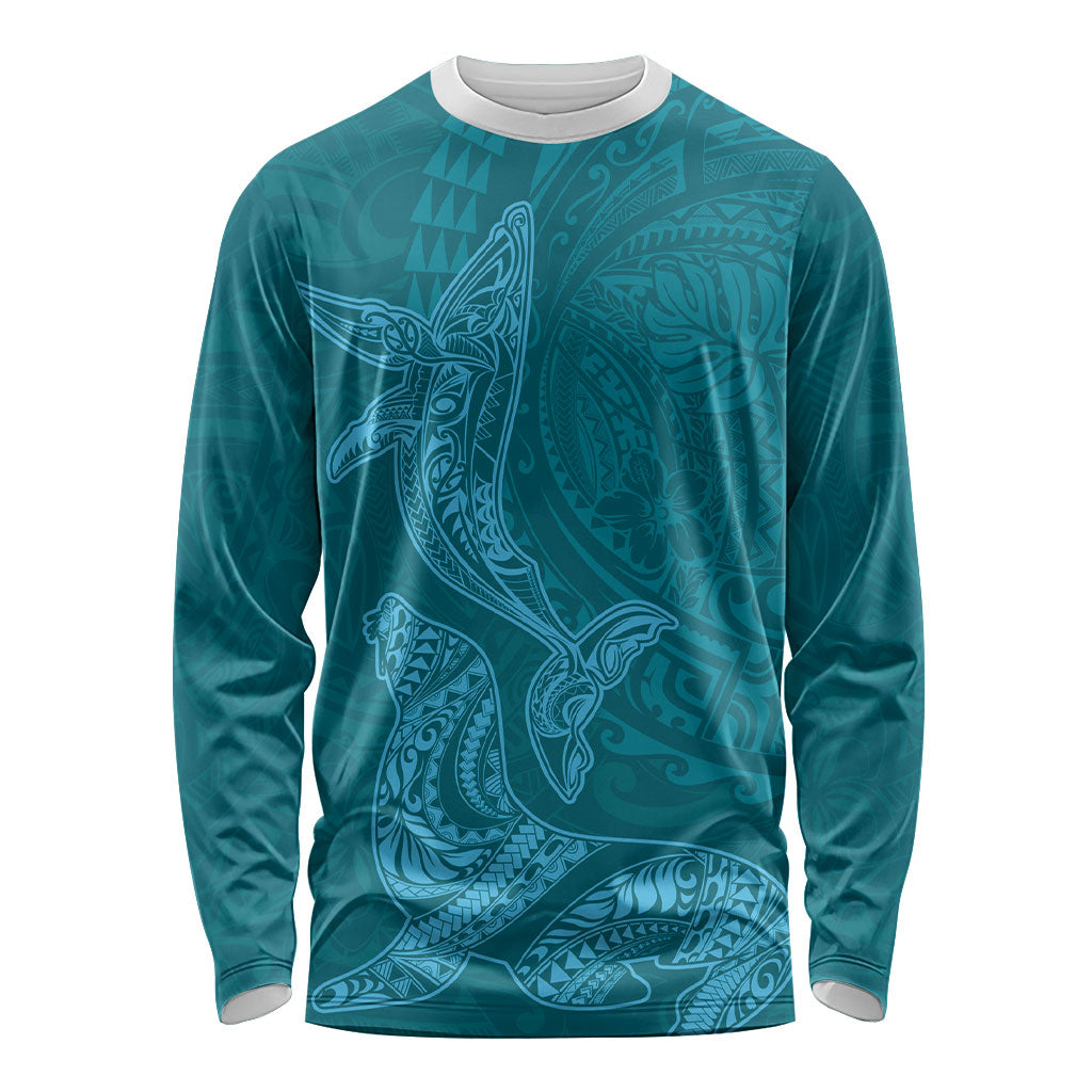 Hawaiian Monk Seal and Whale Long Sleeve Shirt Kakau Tribal Pattern Teal Color