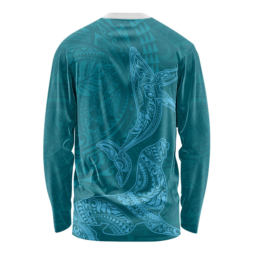 Hawaiian Monk Seal and Whale Long Sleeve Shirt Kakau Tribal Pattern Teal Color