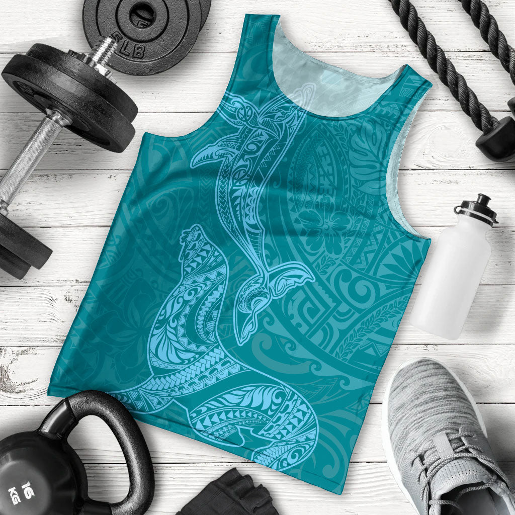 Hawaiian Monk Seal and Whale Men Tank Top Kakau Tribal Pattern Teal Color LT03 - Polynesian Pride