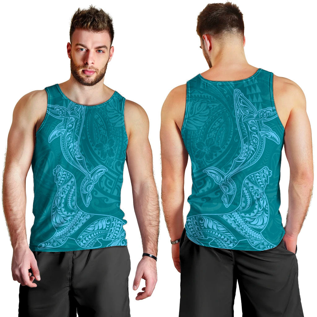 Hawaiian Monk Seal and Whale Men Tank Top Kakau Tribal Pattern Teal Color LT03 - Polynesian Pride