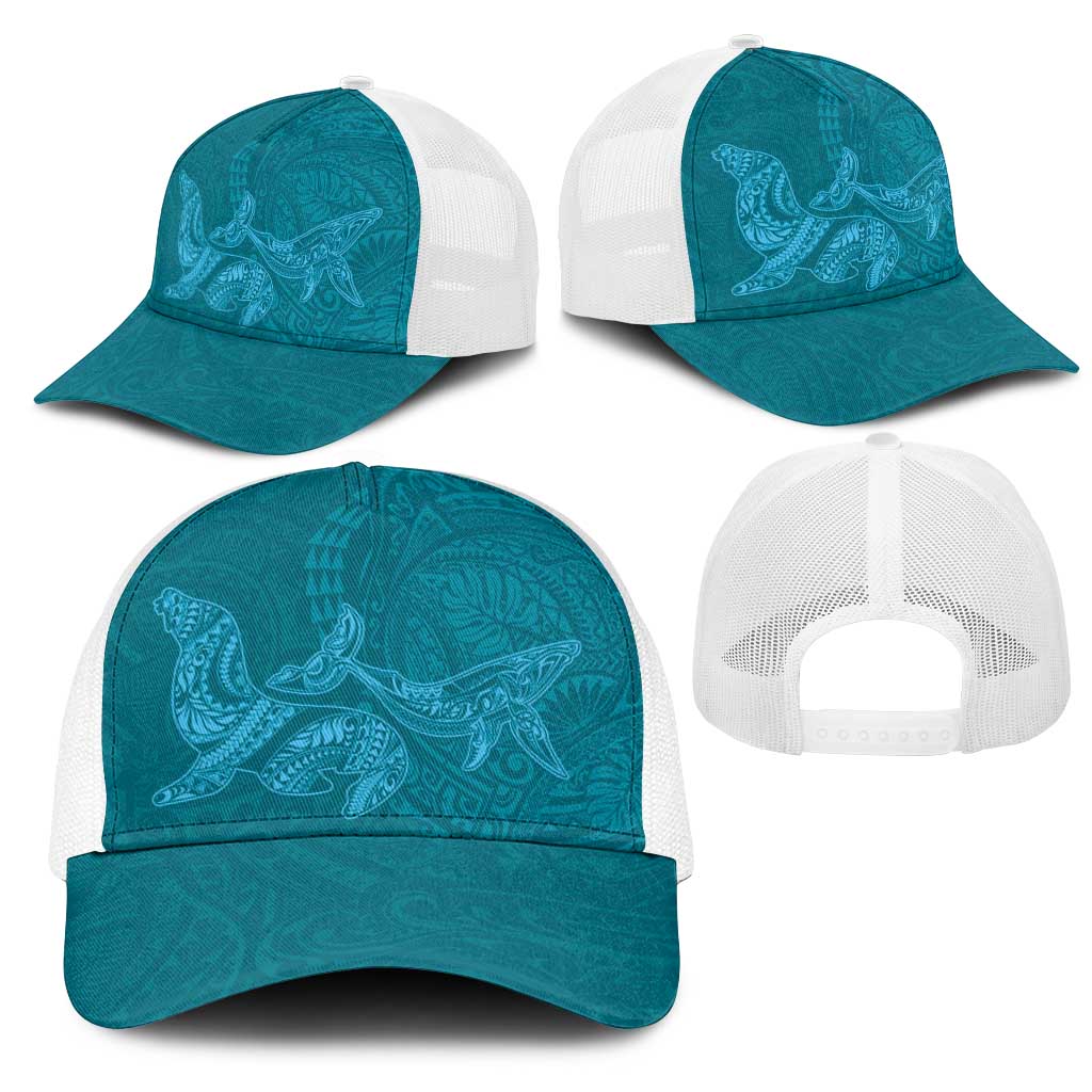 Hawaiian Monk Seal and Whale Mesh Trucker Cap Kakau Tribal Pattern Teal Color