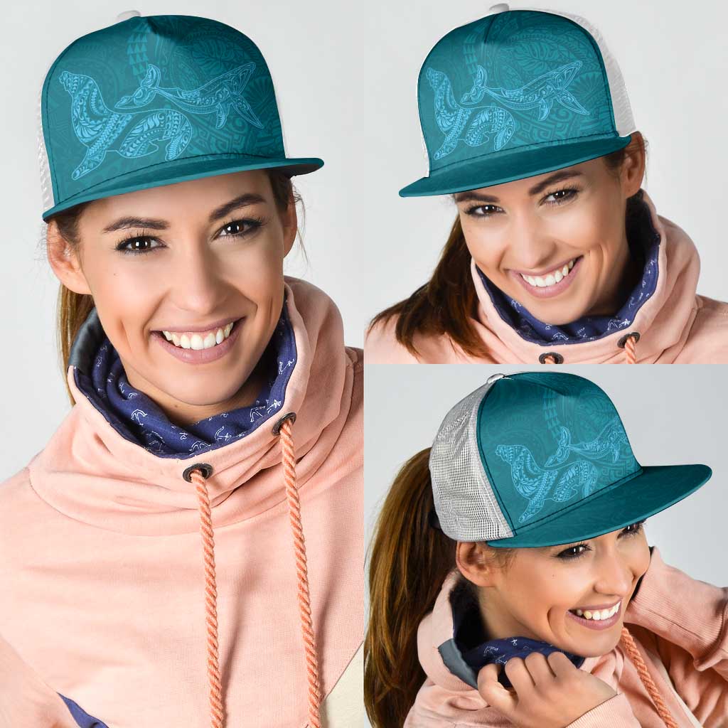 Hawaiian Monk Seal and Whale Mesh Trucker Cap Kakau Tribal Pattern Teal Color